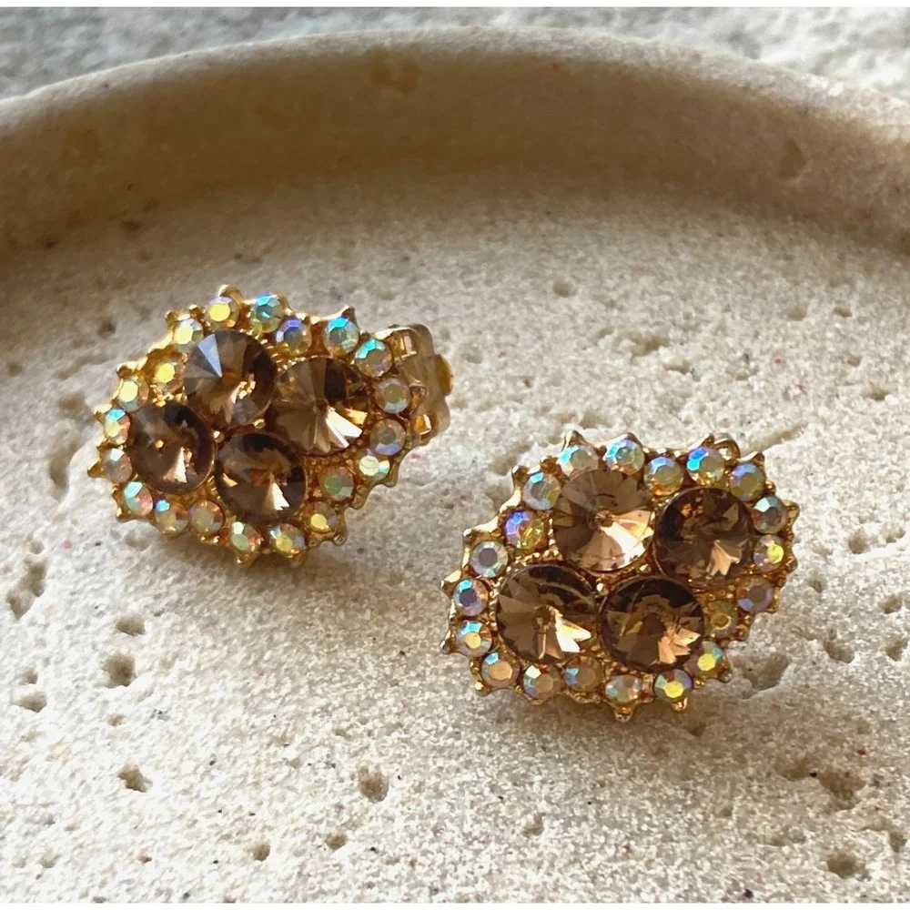 Vintage Clip On Earrings AB Halo Gold Tone Smoky Brown Rhinestone Romantic Glam